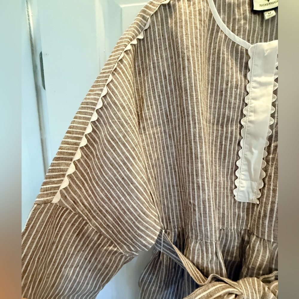 Tuckernuck Tobi Mini Dress - Striped Linen Tunic Dress with Waist Tie great deal - Picture 3 of 5